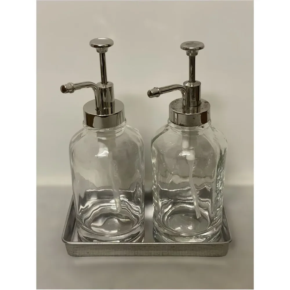 Two Elegant Clear Glass Oilcan Soap & Lotion  Dispenser Set w/Chrome Accents